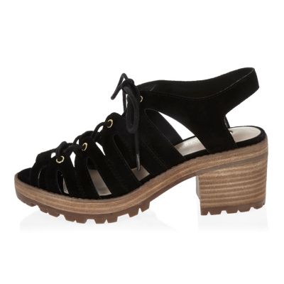 Black lace-up chunky mid heel sandals